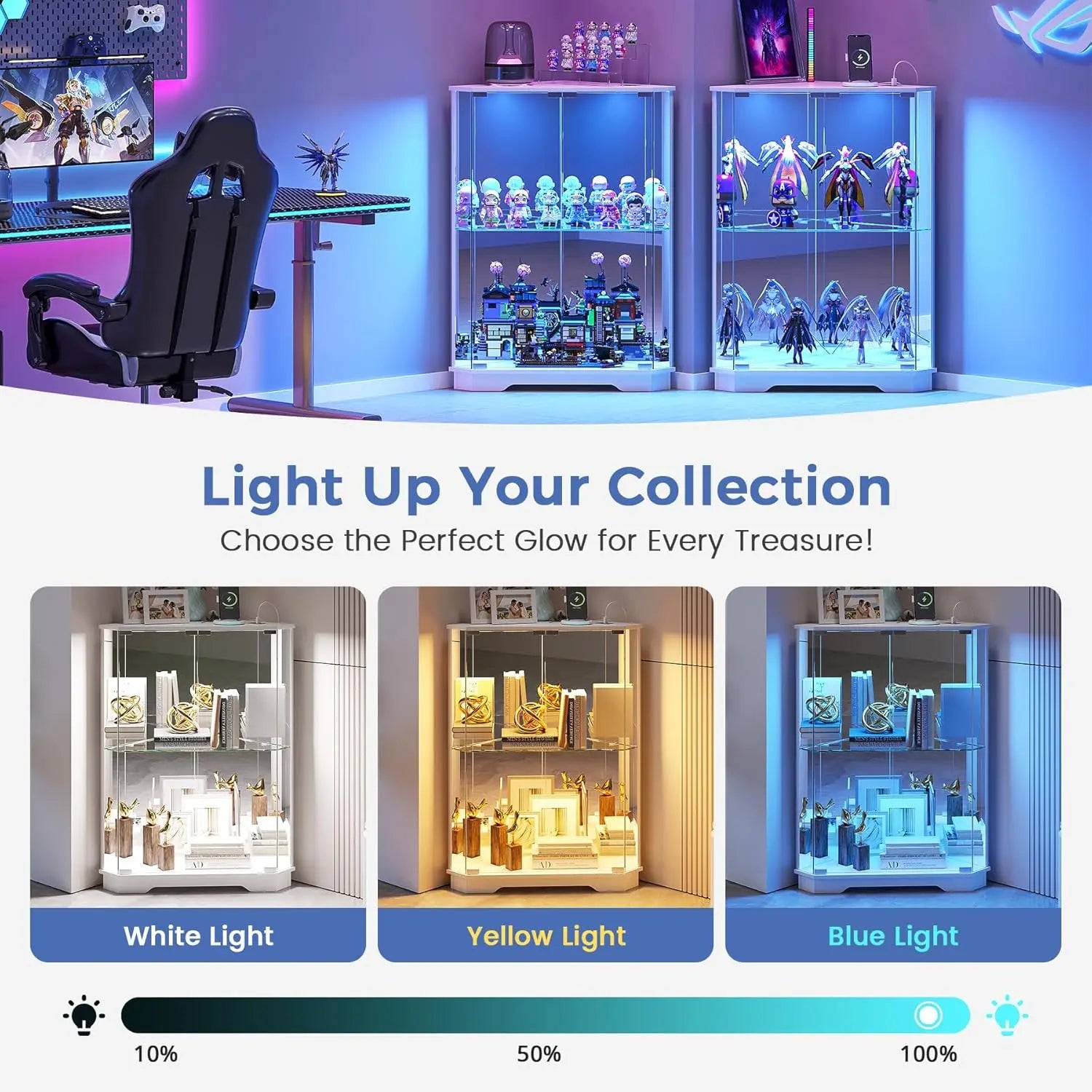 Corner Display Cabinet Set of 2 with Glass Doors, Small Display Case with 3-Color LED Lights and Charging Station, 2-Tier Cur