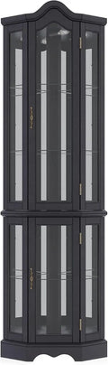Lighted 3-Side Glass Display Curio Cabinet w/Tempered Glass Doors and Shelves, Curved Wood Corner Cabinet with Bulb, Corner S