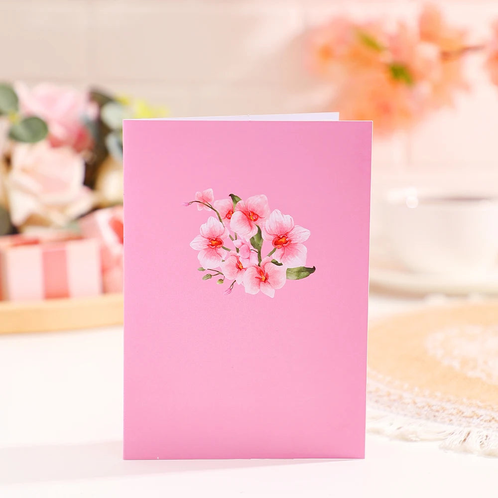 Phalaenopsis Blossom Greeting Cards Creative Pop Up Postcard Pink Flowers Decor Mothers Day Valentines Day Gifts With Envelope