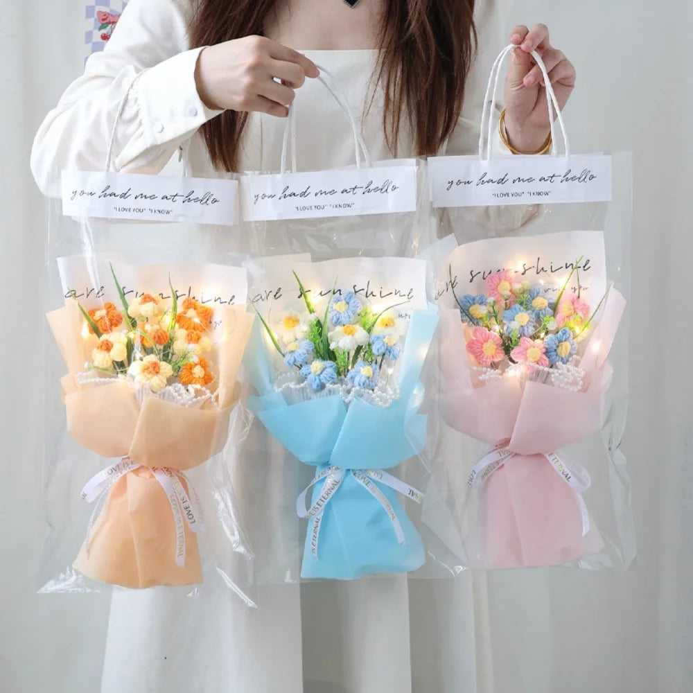 NewLuminous Bouquet Hand Knitted Crochet Flowers Bouquet Puff Flowers Eternal Artificial Flowers Mother Teachers Day Decor Gifts