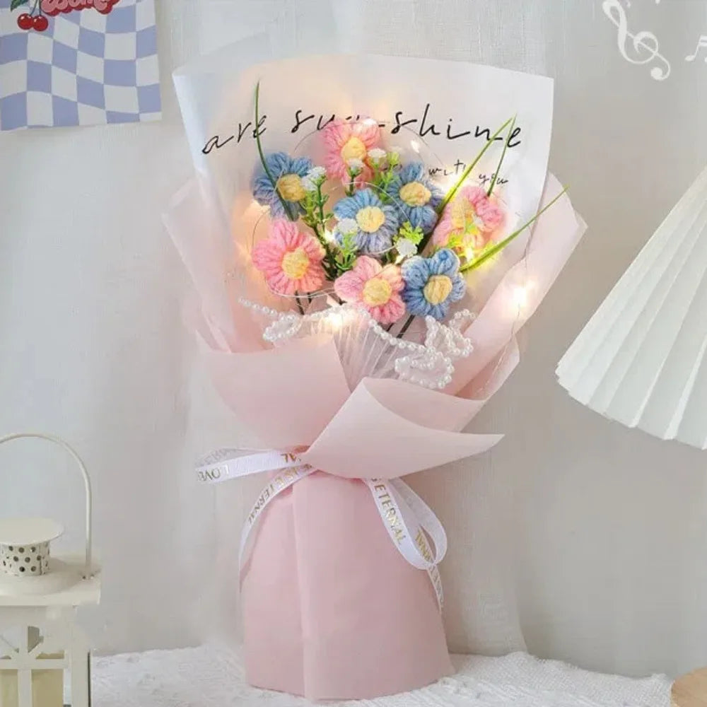 NewLuminous Bouquet Hand Knitted Crochet Flowers Bouquet Puff Flowers Eternal Artificial Flowers Mother Teachers Day Decor Gifts