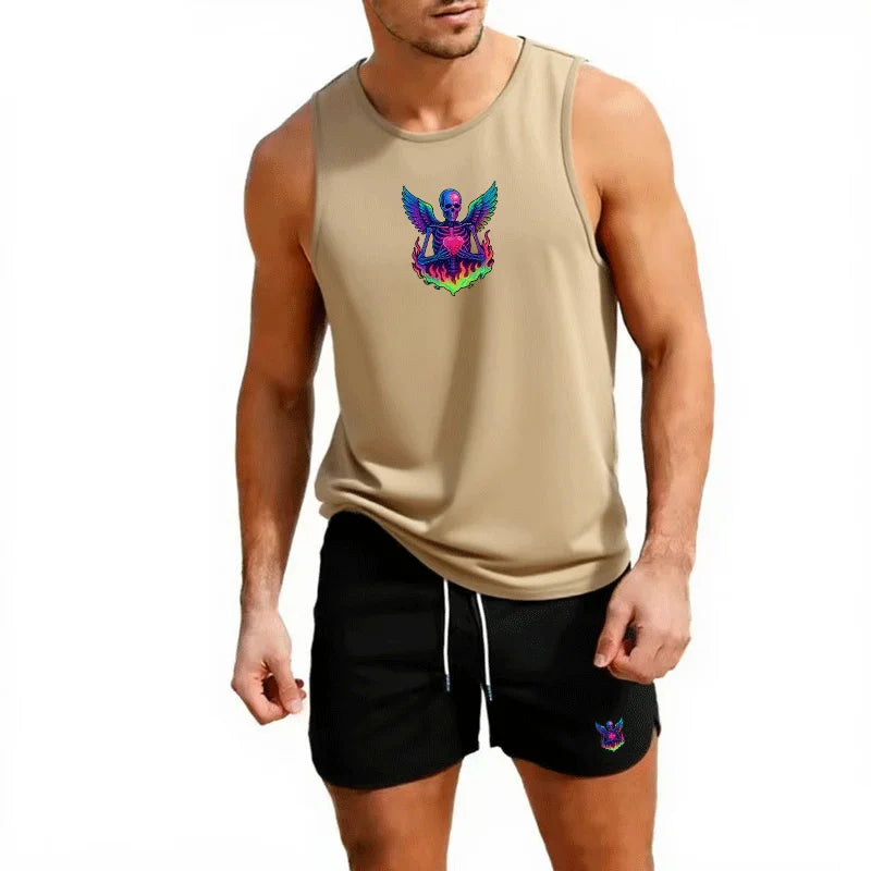 Men's European Size 2 Piece Beach Vest and Shorts Set Summer Casual Trendy Sportswear for Outdoor Jogging Basketball Training