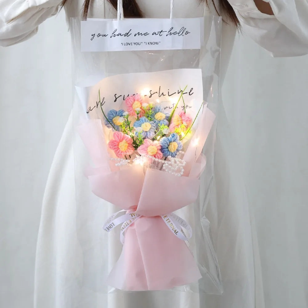 NewLuminous Bouquet Hand Knitted Crochet Flowers Bouquet Puff Flowers Eternal Artificial Flowers Mother Teachers Day Decor Gifts