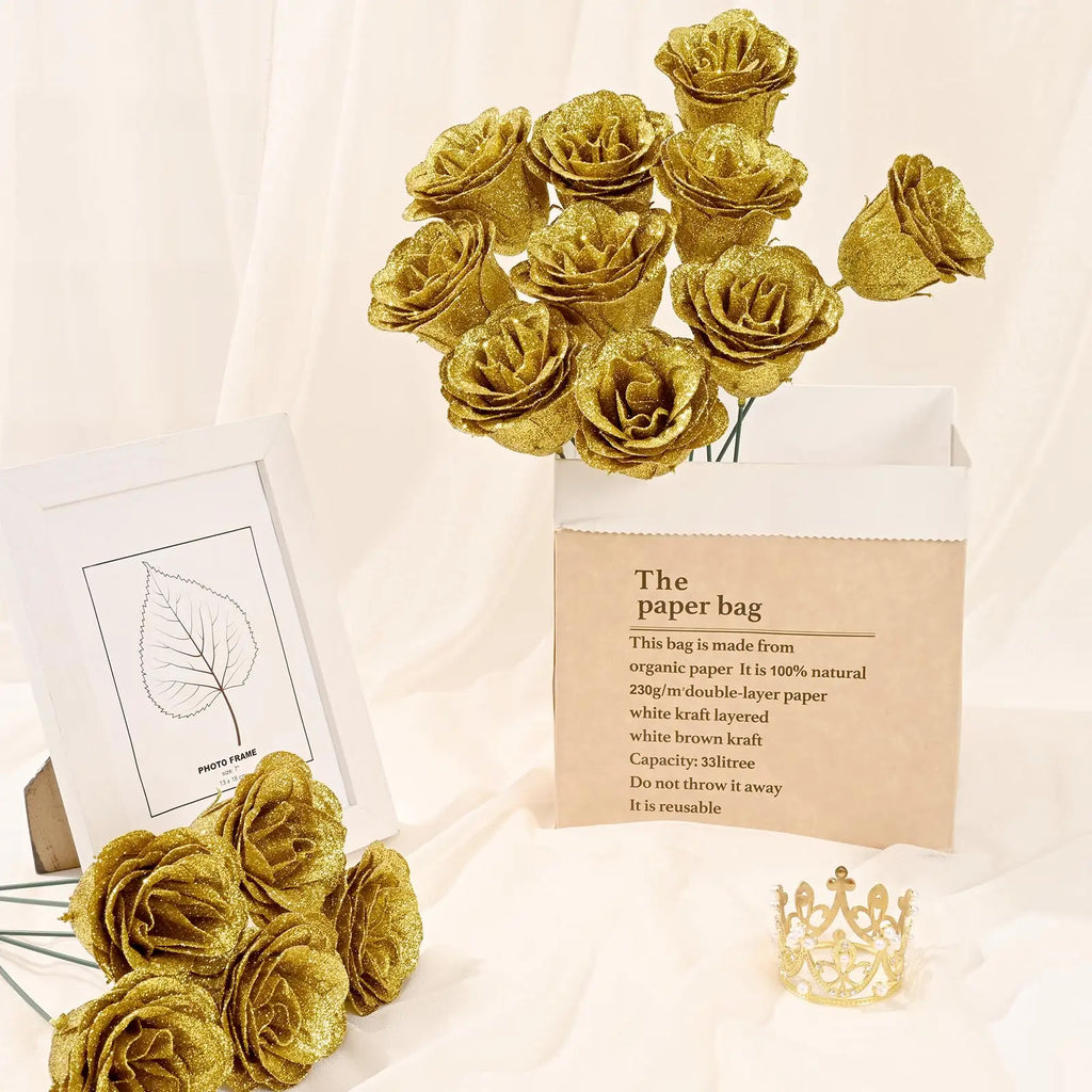 12PCS Glitter Roses Artificial Flowers DIY Bouquet Everlasting Fake Flower for Wedding Anniversary Valentines Day Mothers Gifts