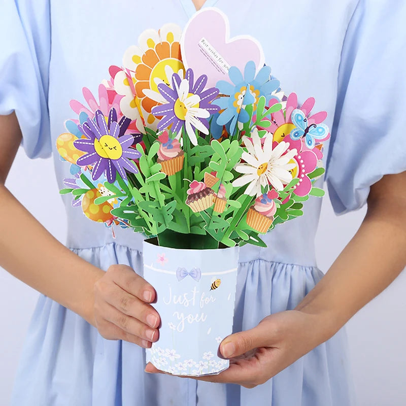 Premium 3D Pop Up Flower Bouquet Card Mothers Day Gift Valentines Day Anniversary Birthday Greeting Cards Thank You Wishes Gifts