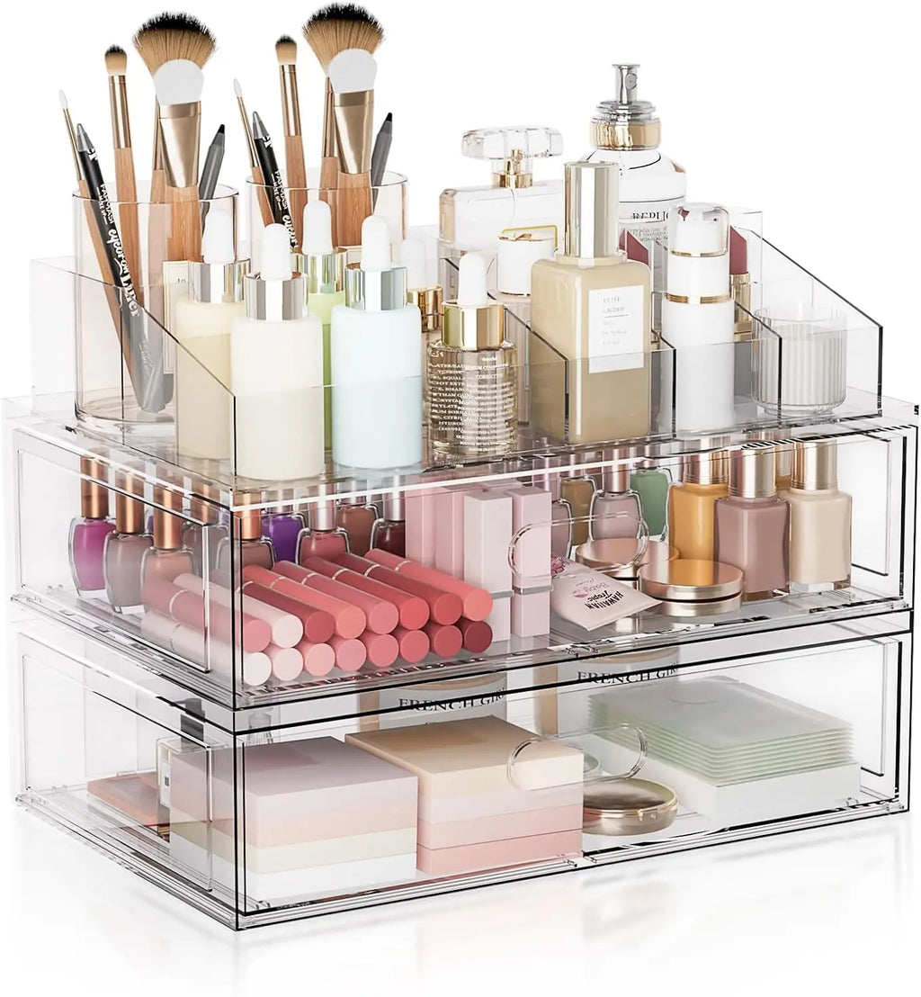 Clear Acrylic Stackable Makeup Organizer with Drawers, 12"W Cosmetic Storage for Vanity