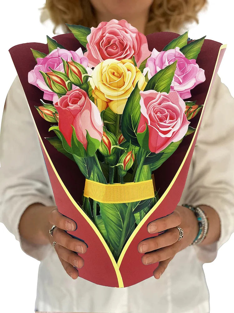 Premium 3D Pop Up Flower Bouquet Card Mothers Day Gift Valentines Day Anniversary Birthday Greeting Cards Thank You Wishes Gifts