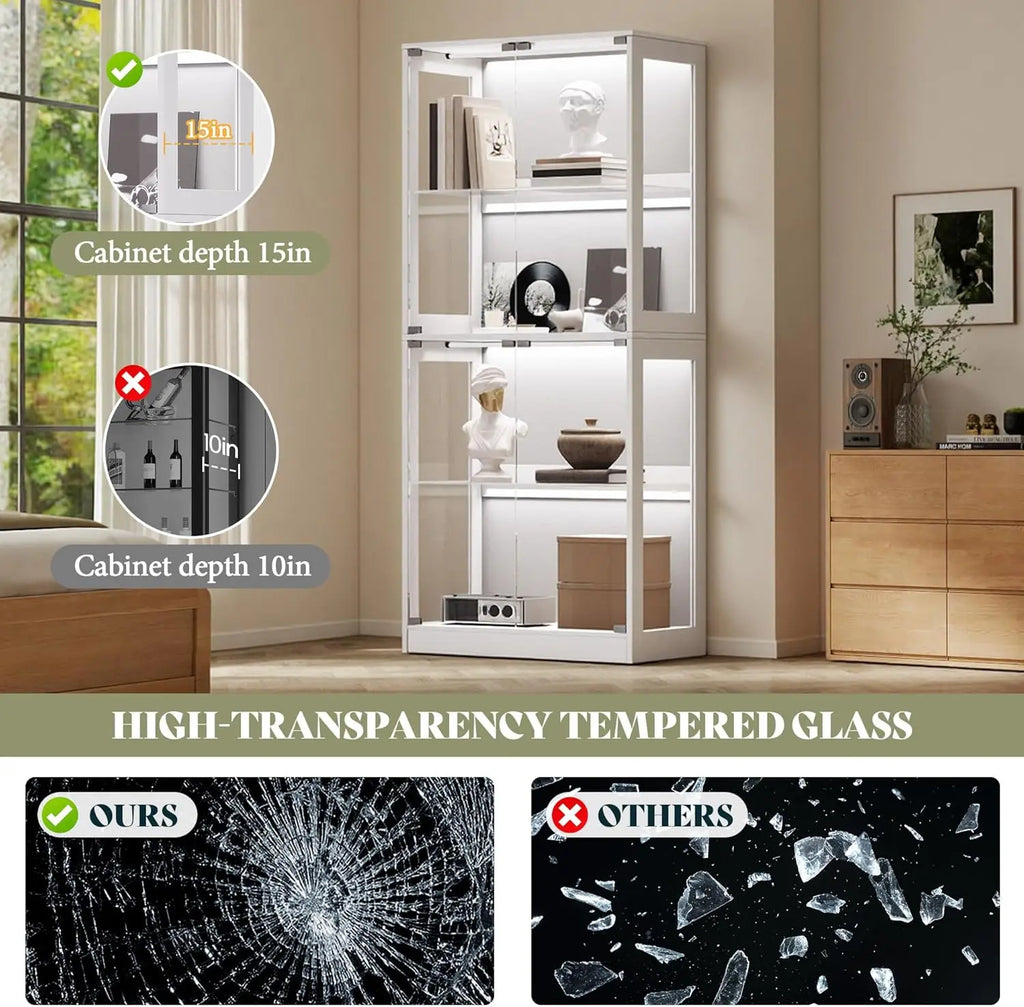 RGB Display Cabinet with Adjustable Glass Shelves, 4-Tier Storage Case with LED Lights & Press-to-Open Doors, Modern Display