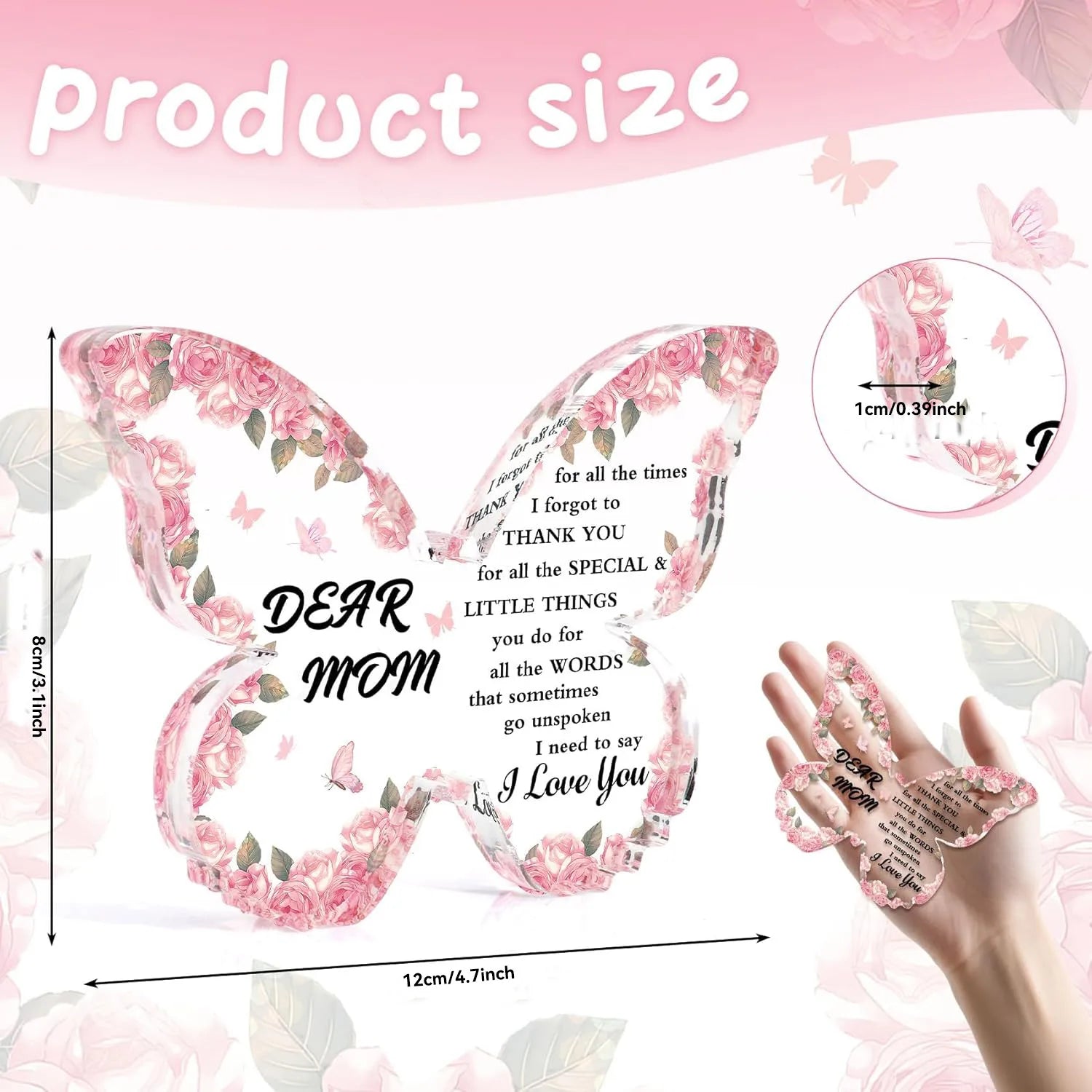 Mothers Day Gifts for Mom Gifts Acrylic Plaque Pink Butterfly Shaped Decor for Mom Birthday Christmas Retirement Easter