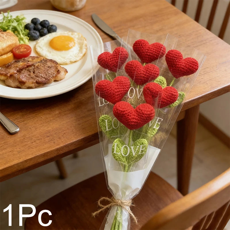 Handmade Knitted Flower Red Heart Shaped Knit Plant Crochet Flower Bouquet Christmas Valentine's Day Mother‘s Day Gift