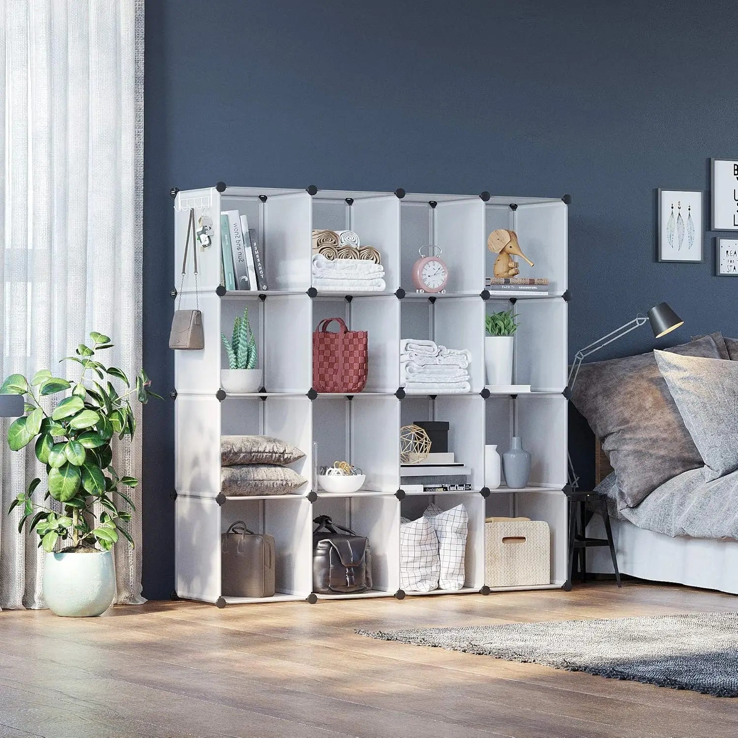 16-Cube Storage Organizer, Modular Shelves for Home, DIY Closet Organizer, Transparent Plastic Cubes 48.4"L x 12.4"W x 48.4"H