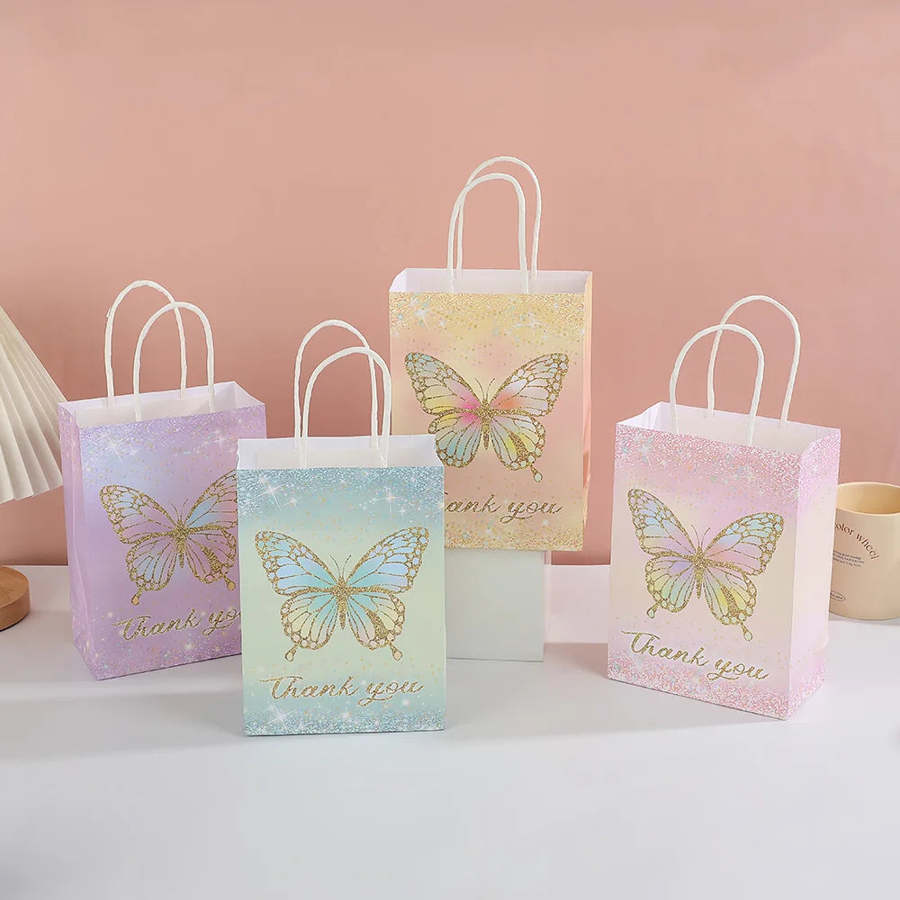 5/10/20/30pcs Butterfly Party Gift Bags Hand-Held Kraft Paper Bag Wedding Mothers Day Kids Birthday Baby Shower Party Supplies