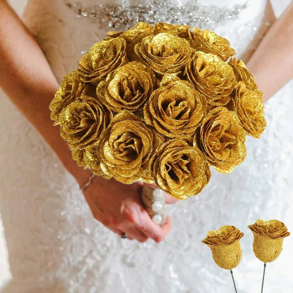 12PCS Glitter Roses Artificial Flowers DIY Bouquet Everlasting Fake Flower for Wedding Anniversary Valentines Day Mothers Gifts