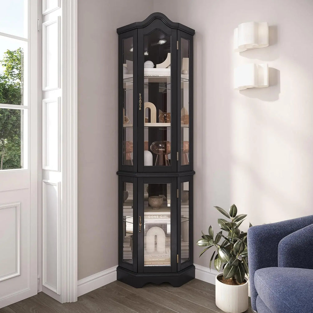Lighted 3-Side Glass Display Curio Cabinet w/Tempered Glass Doors and Shelves, Curved Wood Corner Cabinet with Bulb, Corner S