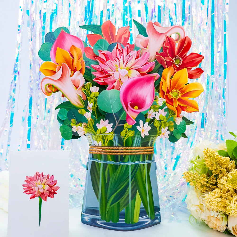 Premium 3D Pop Up Flower Bouquet Card Mothers Day Gift Valentines Day Anniversary Birthday Greeting Cards Thank You Wishes Gifts