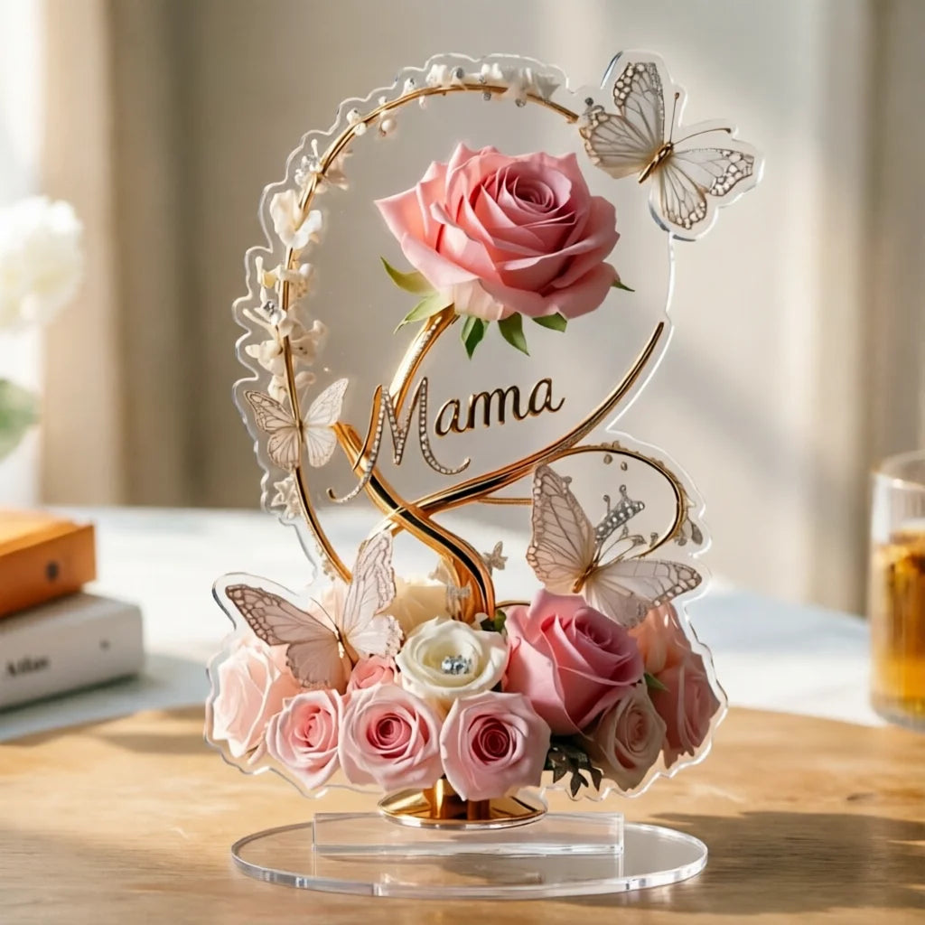 1 Piece 2D Acrylic Arrangement Pink Flower Bouquet Mama Pattern Elegant Desk Decoration Mother's Day Gift Gift for Mother