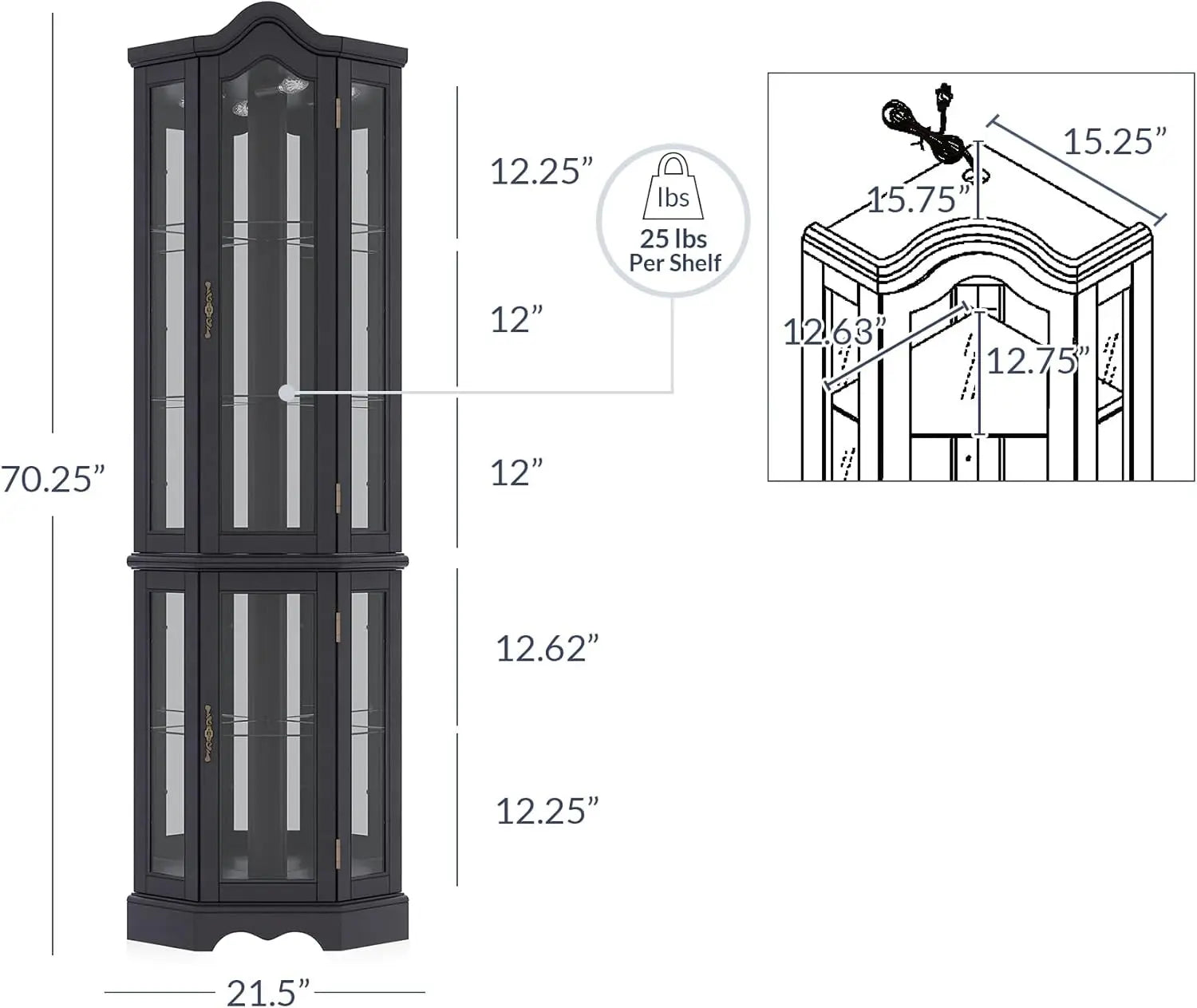 Lighted 3-Side Glass Display Curio Cabinet w/Tempered Glass Doors and Shelves, Curved Wood Corner Cabinet with Bulb, Corner S