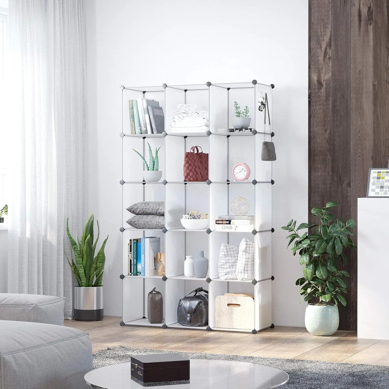 16-Cube Storage Organizer, Modular Shelves for Home, DIY Closet Organizer, Transparent Plastic Cubes 48.4"L x 12.4"W x 48.4"H