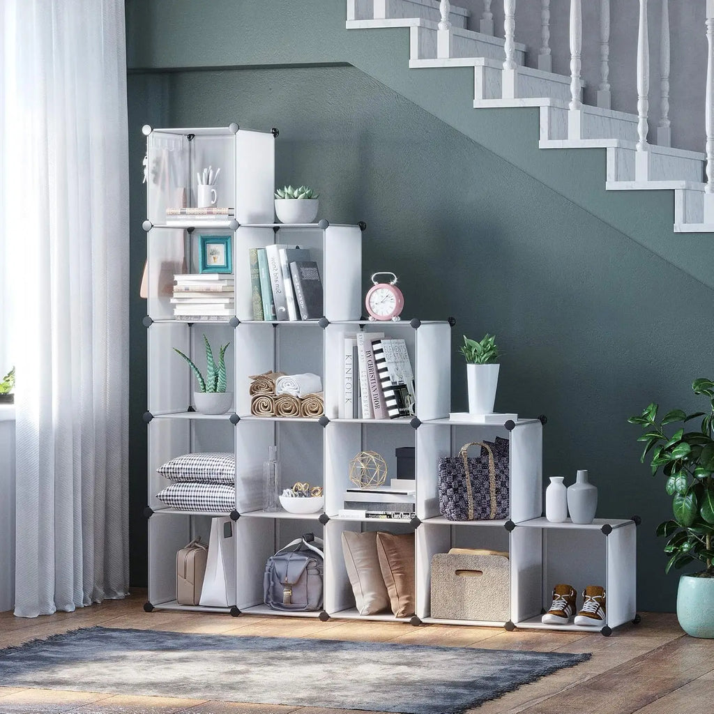 16-Cube Storage Organizer, Modular Shelves for Home, DIY Closet Organizer, Transparent Plastic Cubes 48.4"L x 12.4"W x 48.4"H