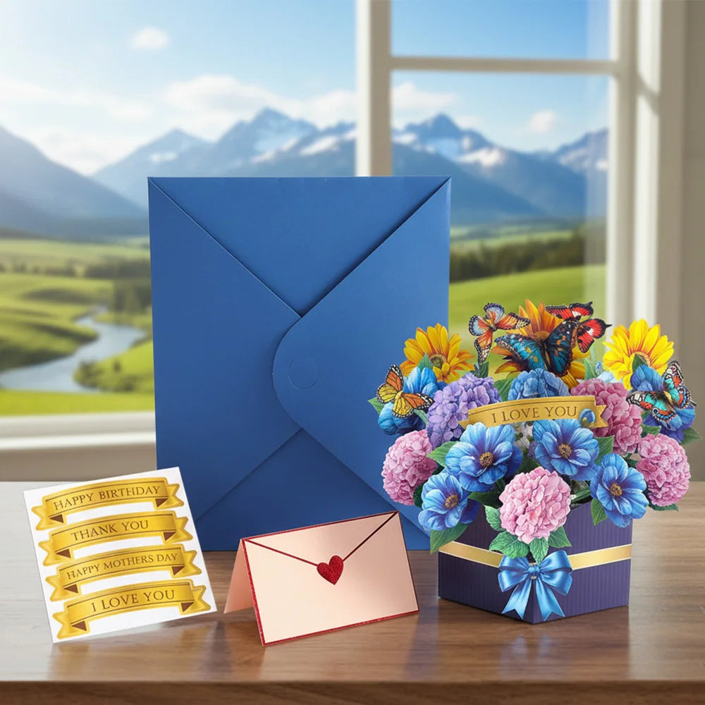 Premium 3D Pop Up Flower Bouquet Card Mothers Day Gift Valentines Day Anniversary Birthday Greeting Cards Thank You Wishes Gifts