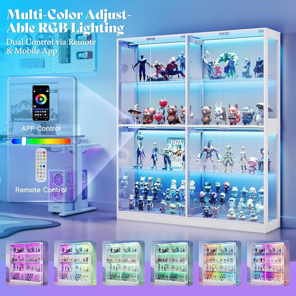 RGB Display Cabinet with Adjustable Glass Shelves, 4-Tier Storage Case with LED Lights & Press-to-Open Doors, Modern Display
