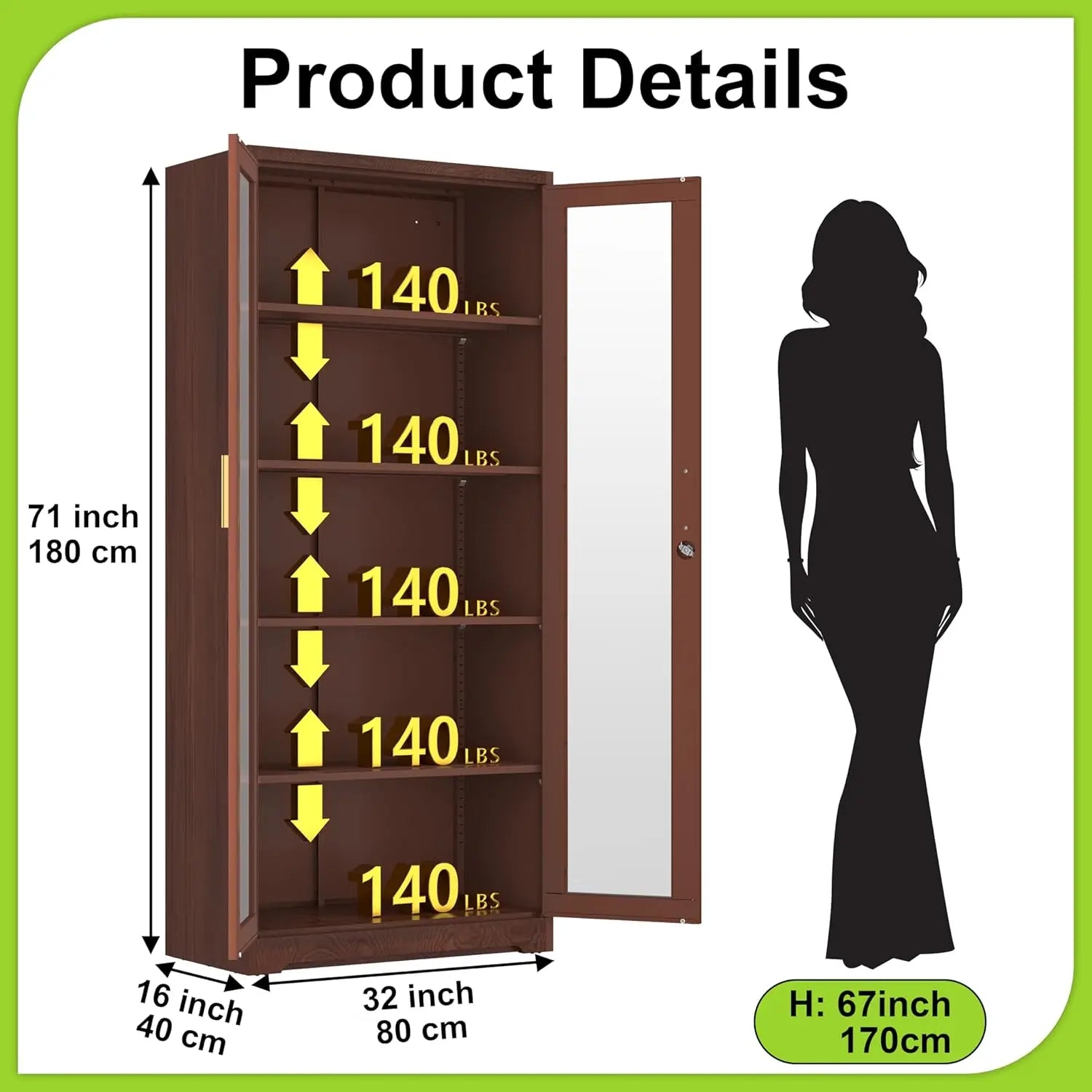 Display Cabinet with Glass Doors, Curio Cabinets with Locking Doors, Metal Storage Cabinet for Kitchen,Living Room 71” H, As