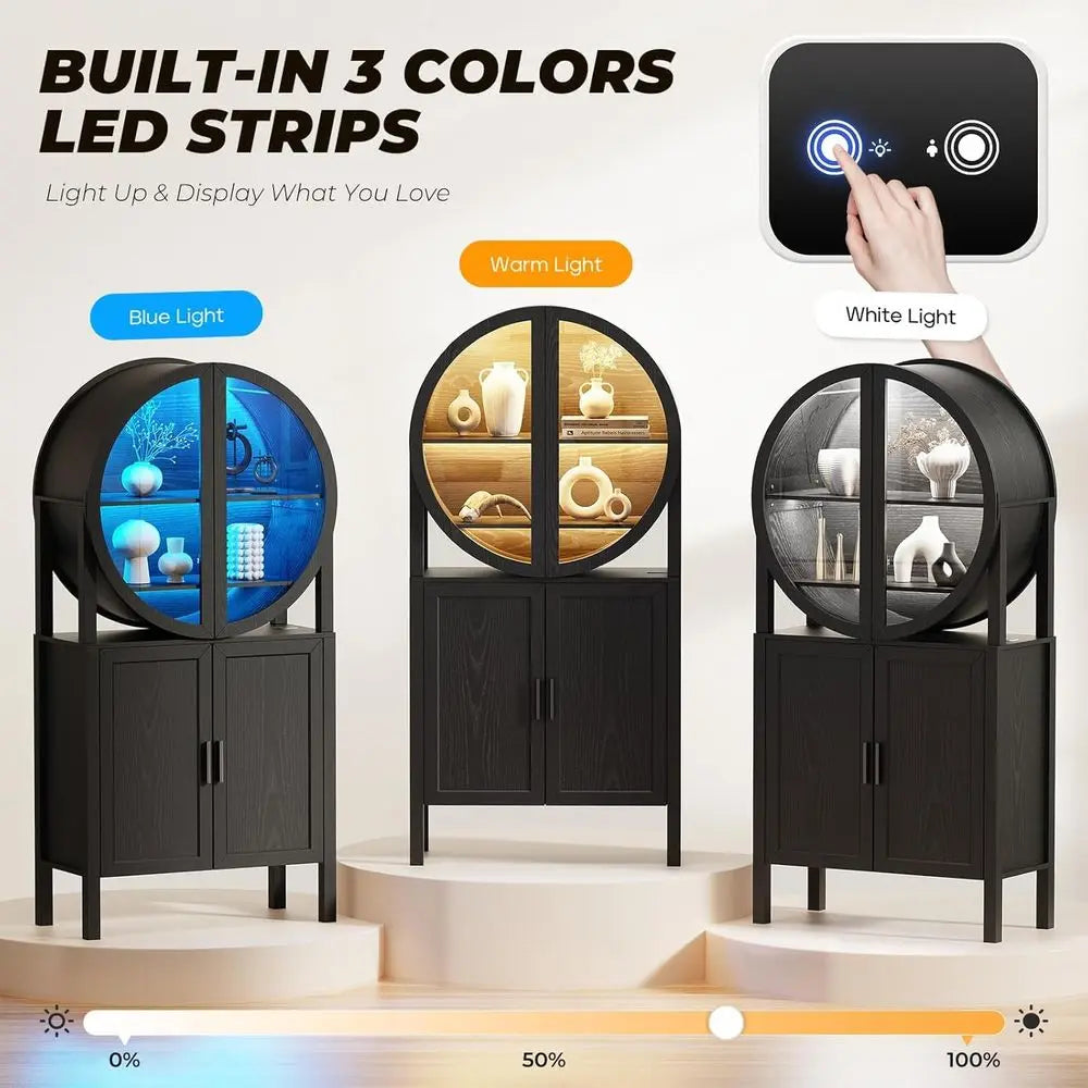 Illuminated 65 Glass Curio Cabinet with Unique Design, Ideal for Wine and Kitchen Storage in Dining or Living Room, Sleek Black