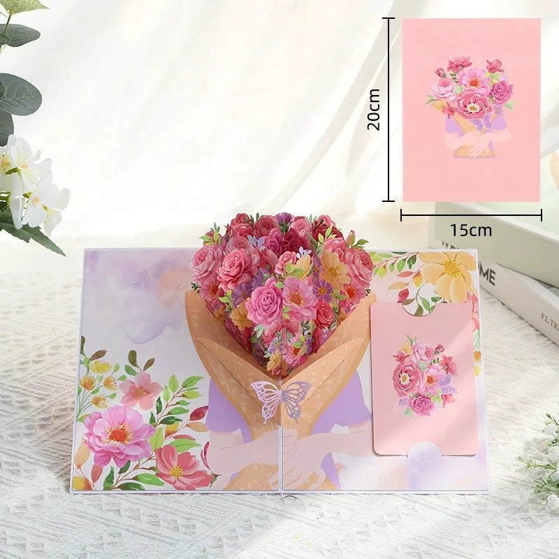 Premium 3D Pop Up Flower Bouquet Card Mothers Day Gift Valentines Day Anniversary Birthday Greeting Cards Thank You Wishes Gifts