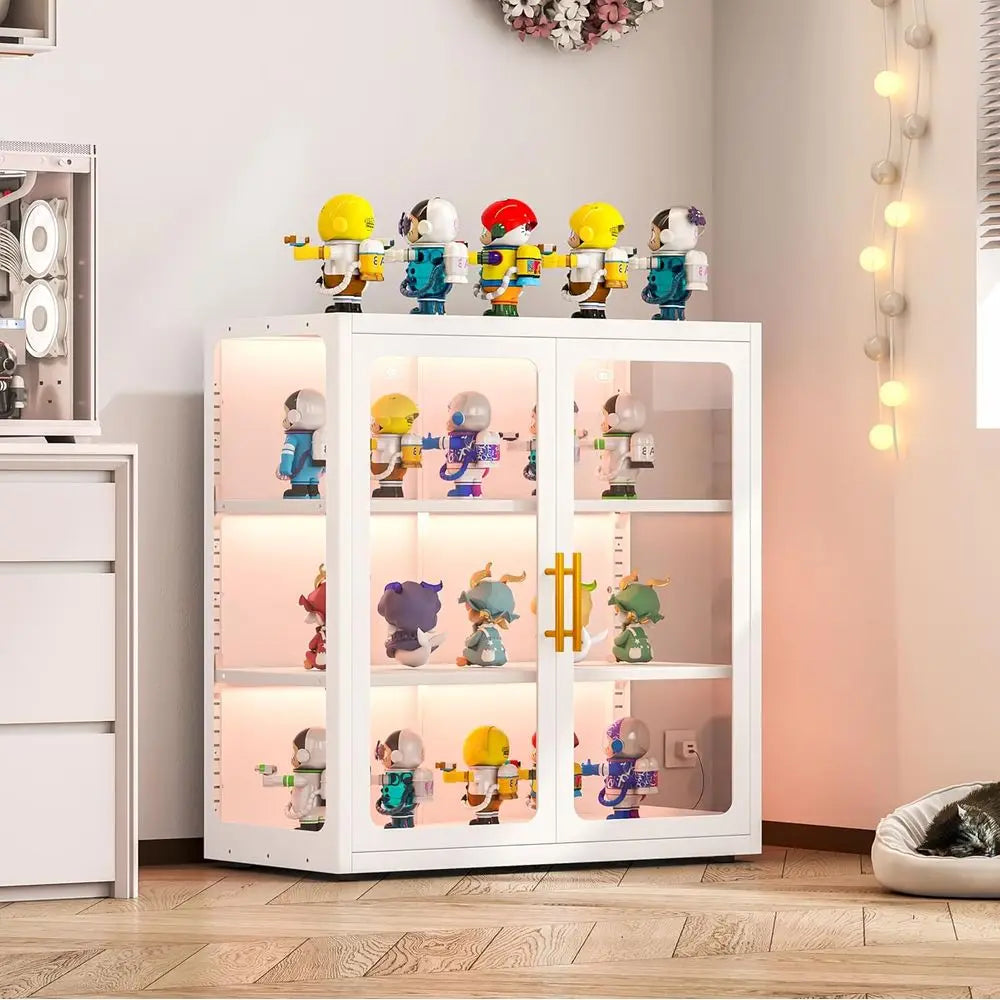 White 3-Tier Glass Door Metal Display Cabinet with LED Lights and Adjustable Shelves for Collectibles and Showcase Storage