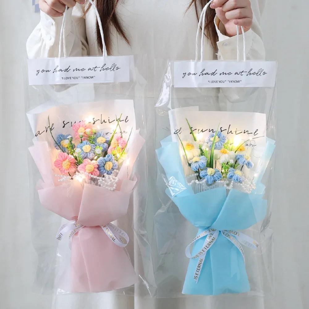 NewLuminous Bouquet Hand Knitted Crochet Flowers Bouquet Puff Flowers Eternal Artificial Flowers Mother Teachers Day Decor Gifts