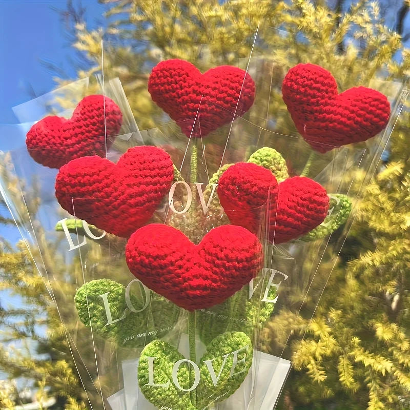 Handmade Knitted Flower Red Heart Shaped Knit Plant Crochet Flower Bouquet Christmas Valentine's Day Mother‘s Day Gift