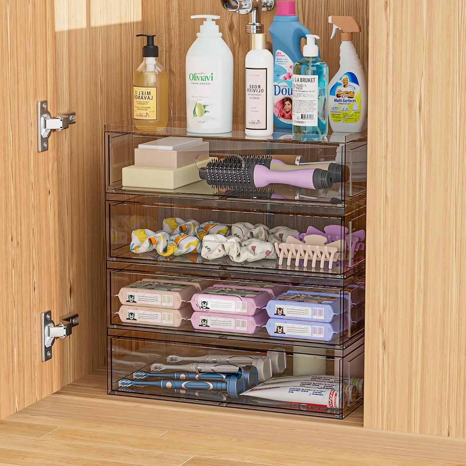 Clear Acrylic Stackable Makeup Organizer with Drawers, 12"W Cosmetic Storage for Vanity