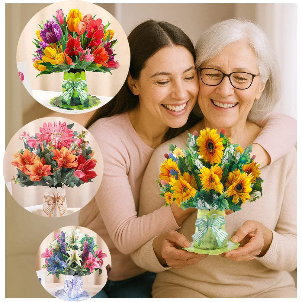 Premium 3D Pop Up Flower Bouquet Card Mothers Day Gift Valentines Day Anniversary Birthday Greeting Cards Thank You Wishes Gifts