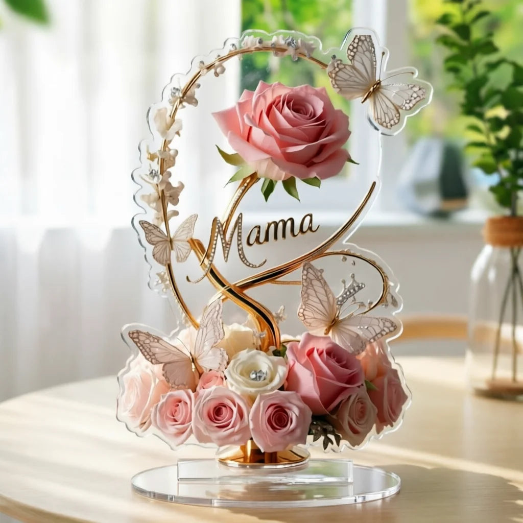 1 Piece 2D Acrylic Arrangement Pink Flower Bouquet Mama Pattern Elegant Desk Decoration Mother's Day Gift Gift for Mother