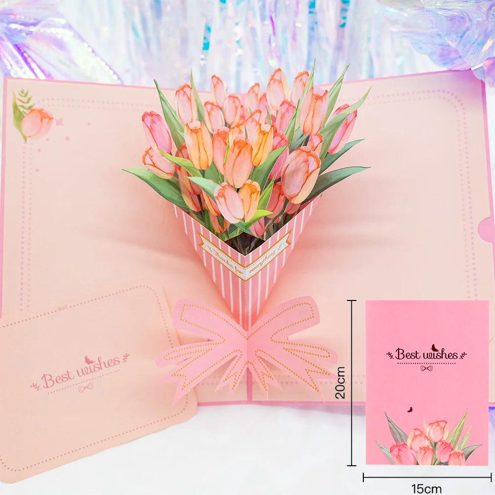 Premium 3D Pop Up Flower Bouquet Card Mothers Day Gift Valentines Day Anniversary Birthday Greeting Cards Thank You Wishes Gifts