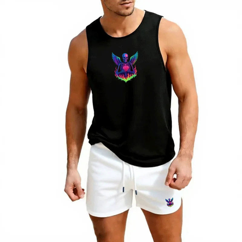 Men's European Size 2 Piece Beach Vest and Shorts Set Summer Casual Trendy Sportswear for Outdoor Jogging Basketball Training