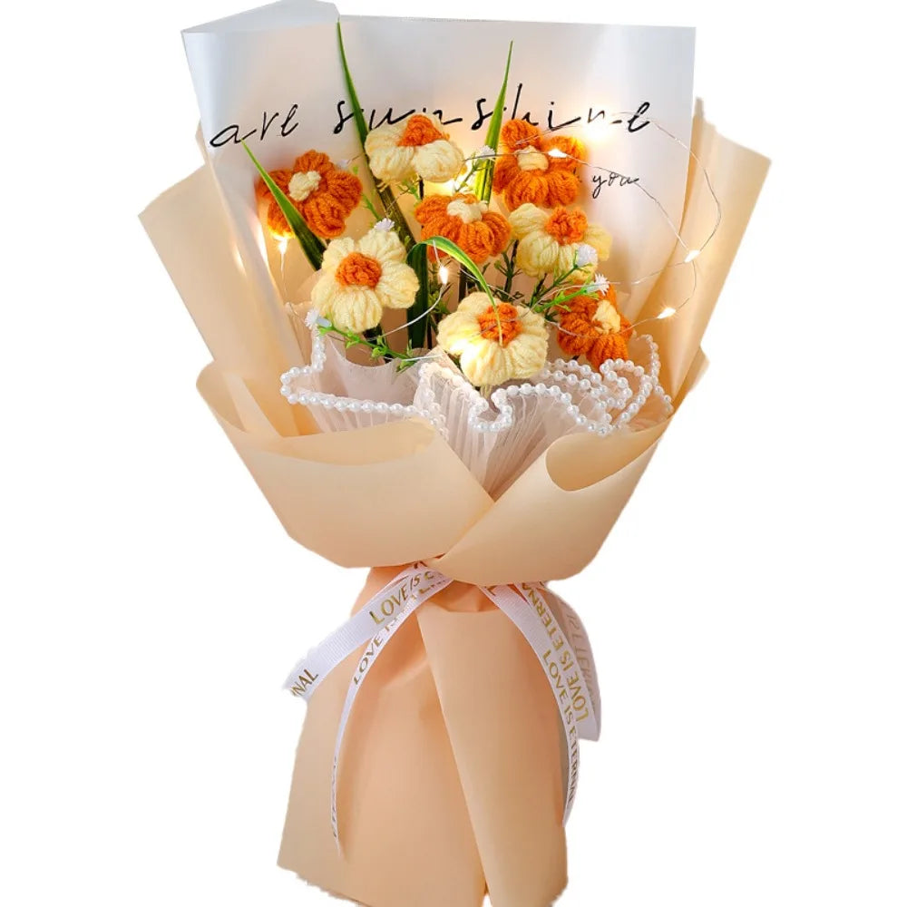 NewLuminous Bouquet Hand Knitted Crochet Flowers Bouquet Puff Flowers Eternal Artificial Flowers Mother Teachers Day Decor Gifts