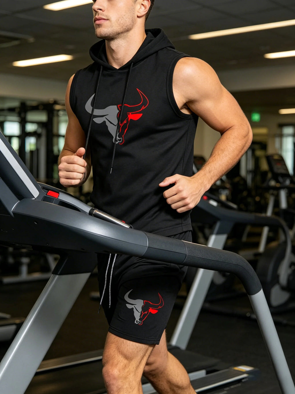 Men's Black Sleeveless Hooded Vest and Shorts Set Bull Print Tracksuit