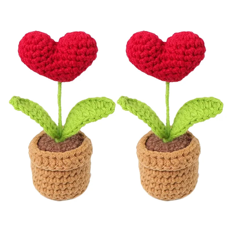 1-3pcs Handmade Knitted Flower Pot Red Heart Shaped Fake Plant Christmas Valentine's Day Mothers Day Gift Home Table Decoration