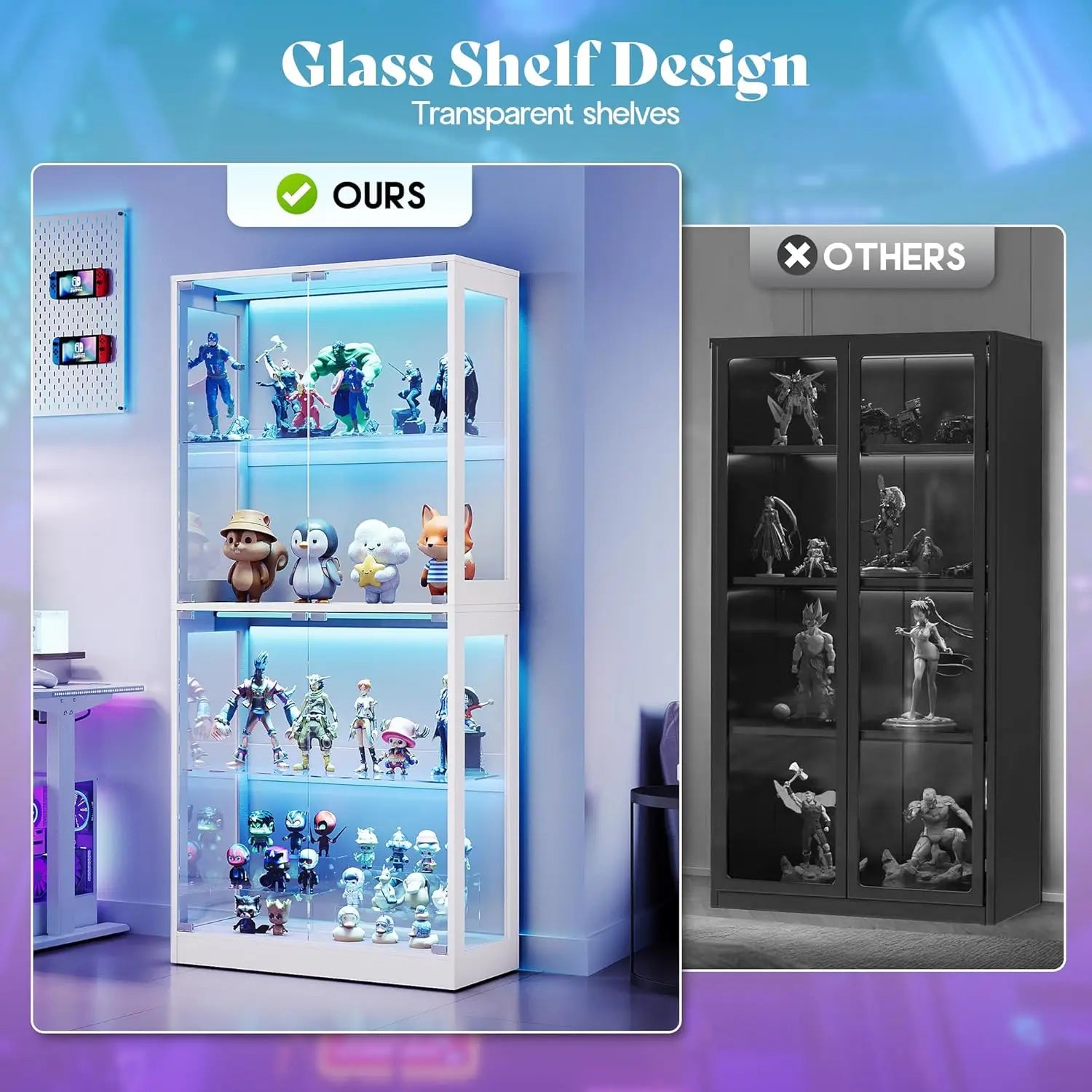 RGB Display Cabinet with Adjustable Glass Shelves, 4-Tier Storage Case with LED Lights & Press-to-Open Doors, Modern Display