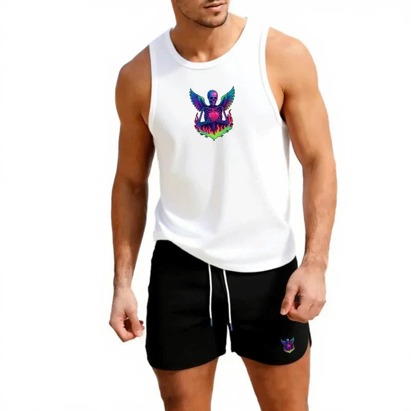 Men's European Size 2 Piece Beach Vest and Shorts Set Summer Casual Trendy Sportswear for Outdoor Jogging Basketball Training