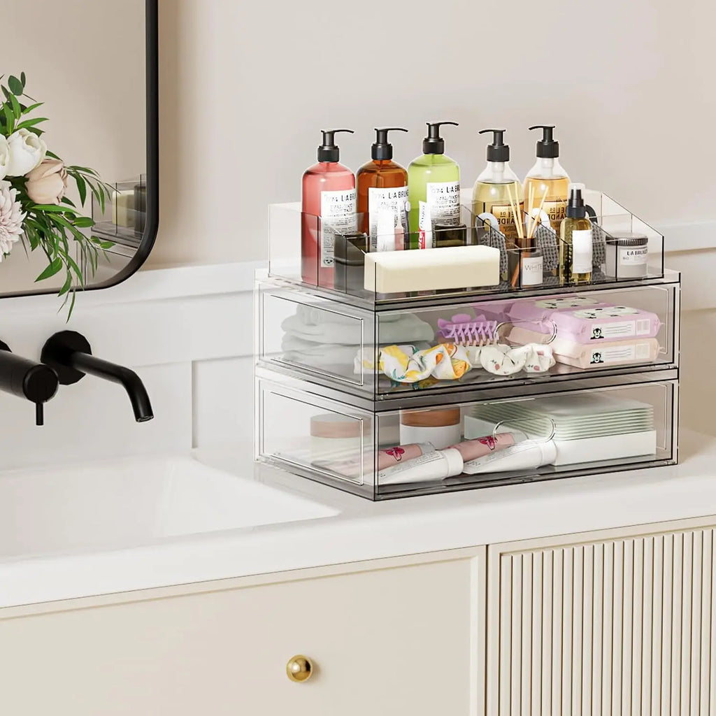 Clear Acrylic Stackable Makeup Organizer with Drawers, 12"W Cosmetic Storage for Vanity