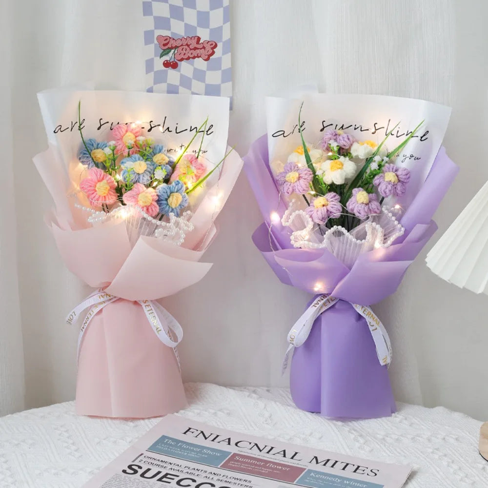 NewLuminous Bouquet Hand Knitted Crochet Flowers Bouquet Puff Flowers Eternal Artificial Flowers Mother Teachers Day Decor Gifts