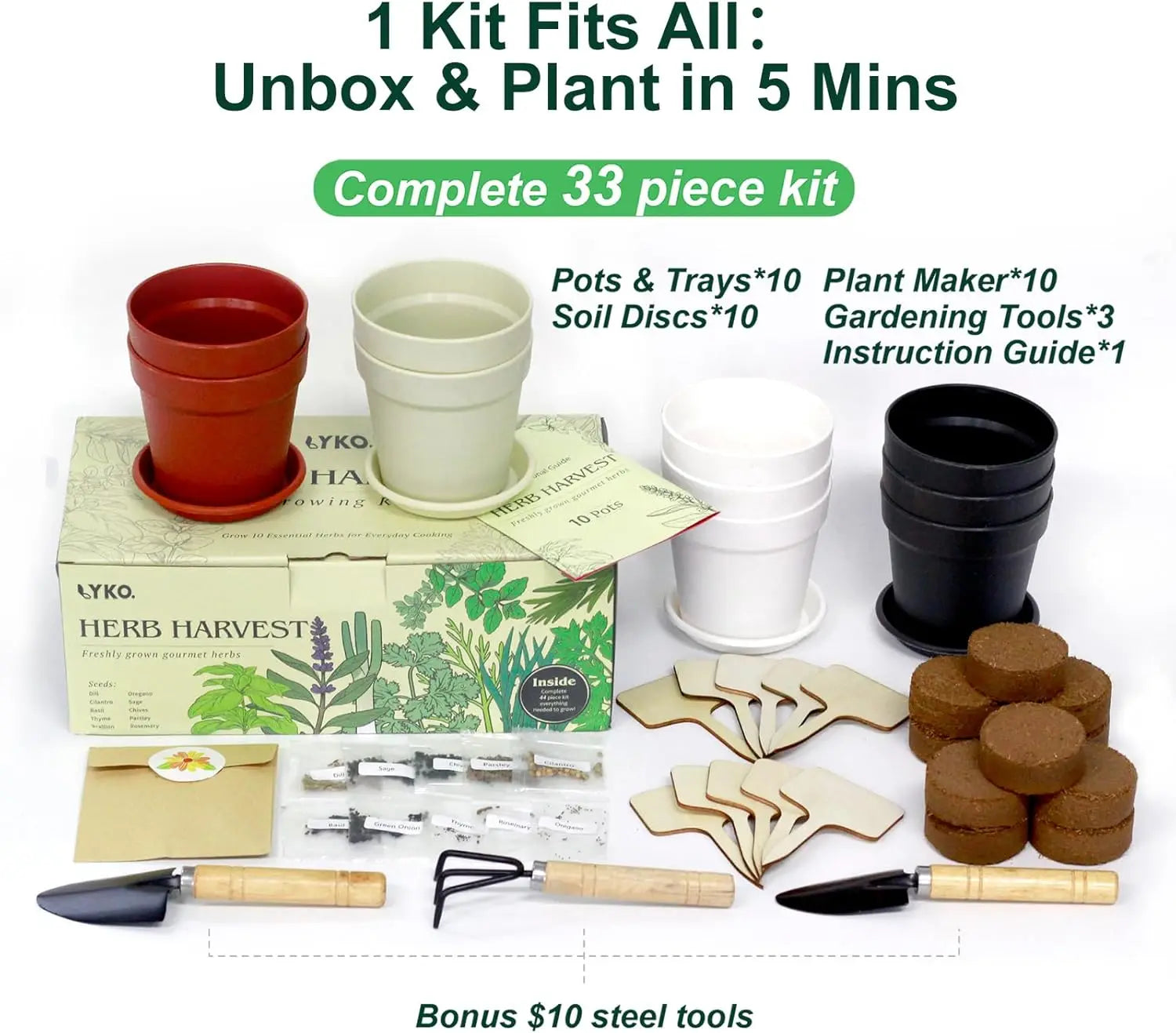 10 Indoor Herb Garden Kit, 33pcs Complete Set with Pots, Soil & Tools - Perfect Gift for Plant Lovers