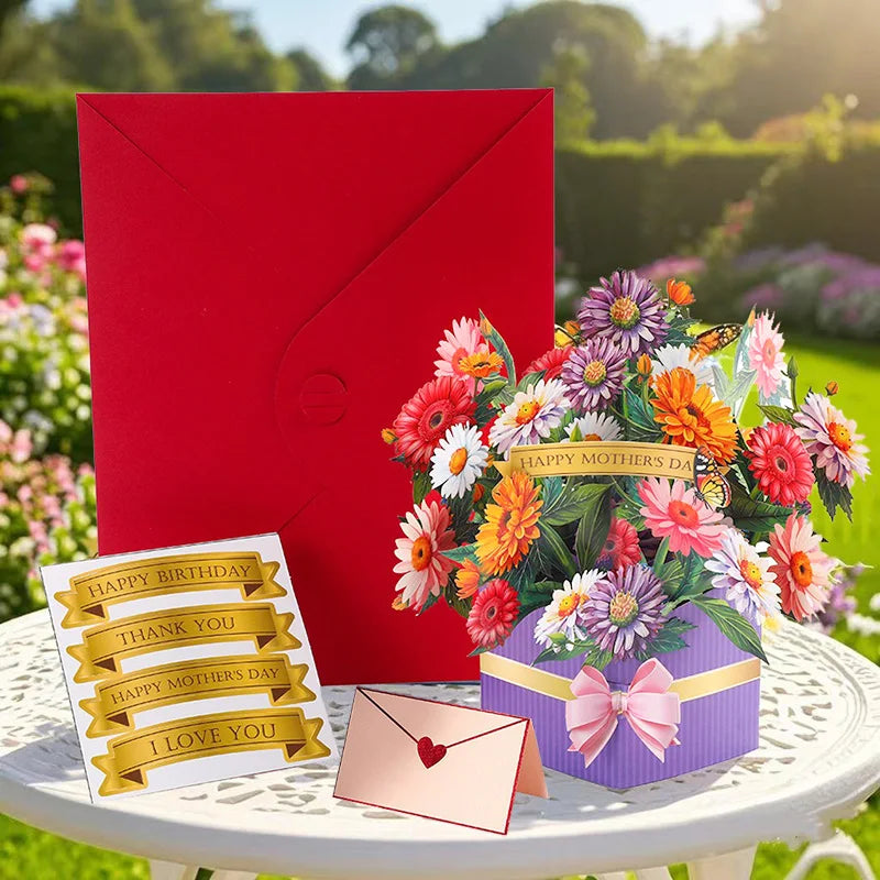 Premium 3D Pop Up Flower Bouquet Card Mothers Day Gift Valentines Day Anniversary Birthday Greeting Cards Thank You Wishes Gifts