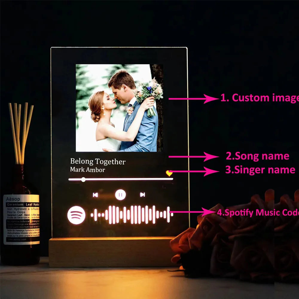 Personalised Acrylic Spotify Music Photo Plaque with LED Night Light Custom Mothers Day Gift Photo frames Custom Couple Gift