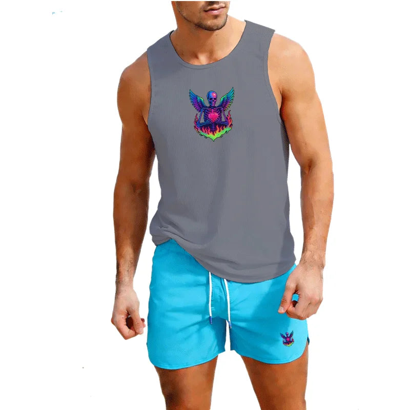 Men's European Size 2 Piece Beach Vest and Shorts Set Summer Casual Trendy Sportswear for Outdoor Jogging Basketball Training
