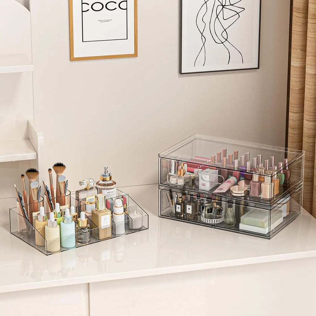 Clear Acrylic Stackable Makeup Organizer with Drawers, 12"W Cosmetic Storage for Vanity
