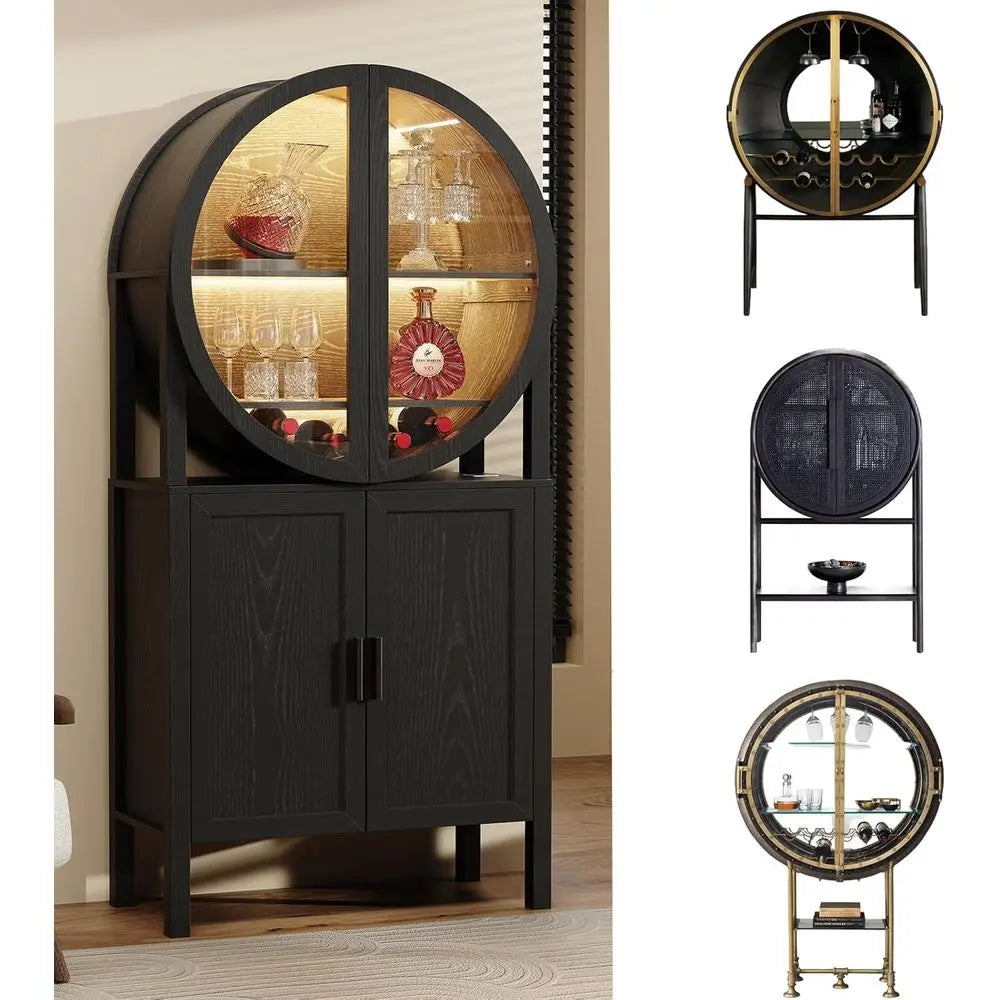 Illuminated 65 Glass Curio Cabinet with Unique Design, Ideal for Wine and Kitchen Storage in Dining or Living Room, Sleek Black