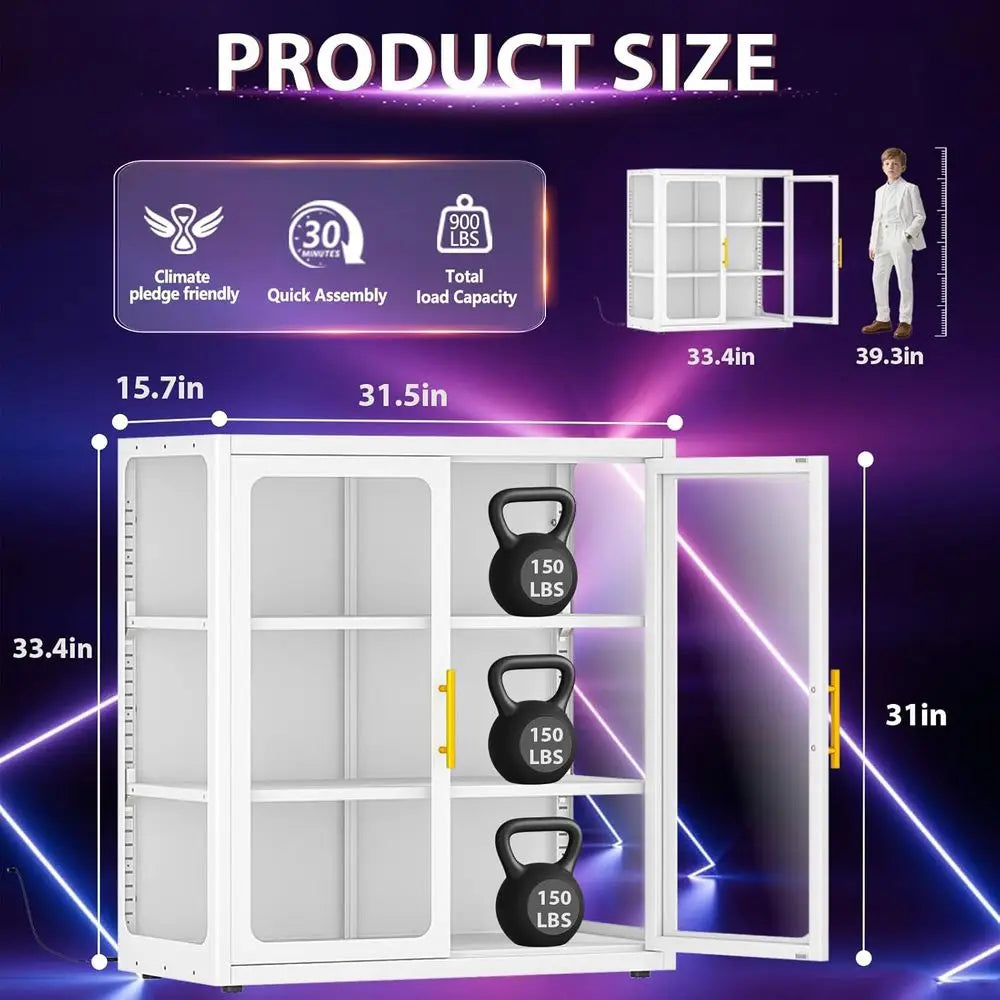White 3-Tier Glass Door Metal Display Cabinet with LED Lights and Adjustable Shelves for Collectibles and Showcase Storage